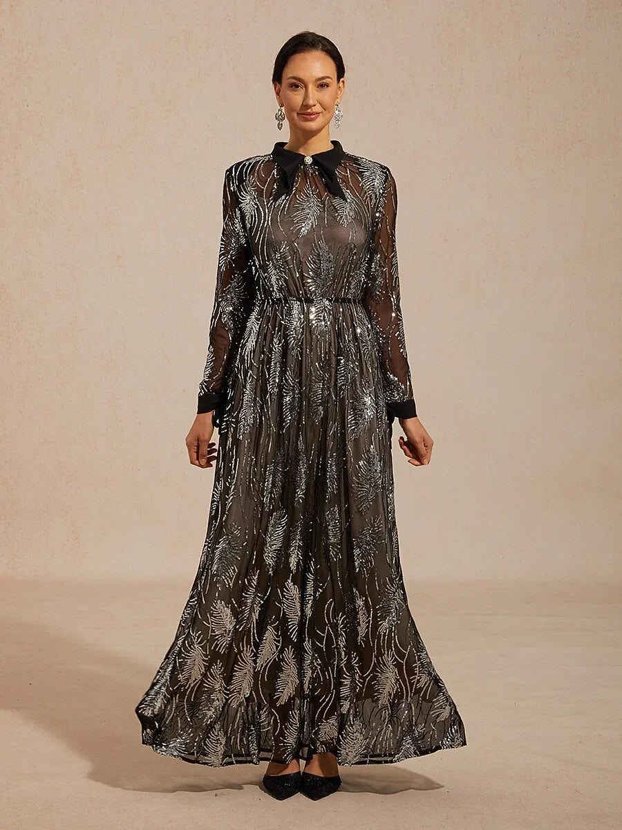 Sequin Mesh Overlay Dress with Crystal Button