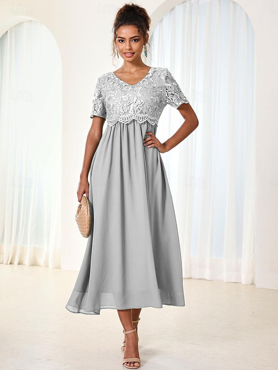 Chiffon Lace V Neck Short Sleeve Flared Midi Dress
