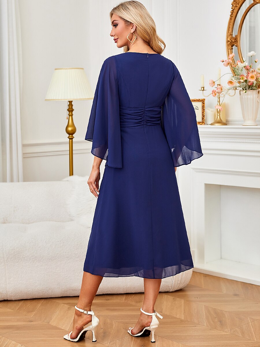 Dark Blue Asymmetric Chiffon A-Line Midi Dress