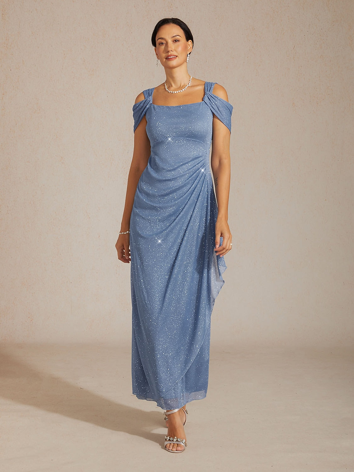 Ankle-Length Cold Shoulder Glitter Mesh Dress