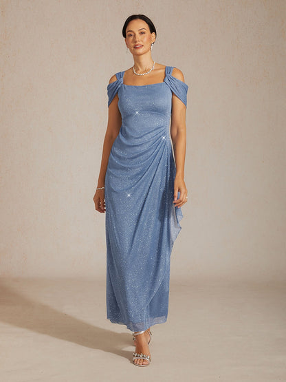 Ankle-Length Cold Shoulder Glitter Mesh Dress