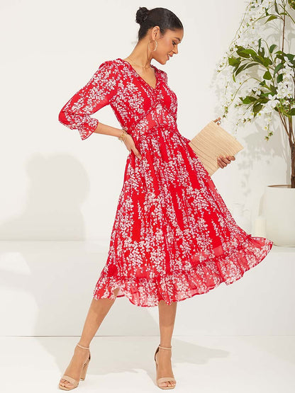 Red Floral Swing Chiffon Maxi Dress