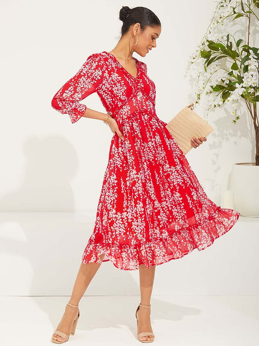 Red Floral Swing Chiffon Maxi Dress
