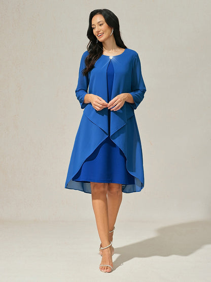3/4 Sleeve Knee-Length Chiffon Dress with Rhinestone
