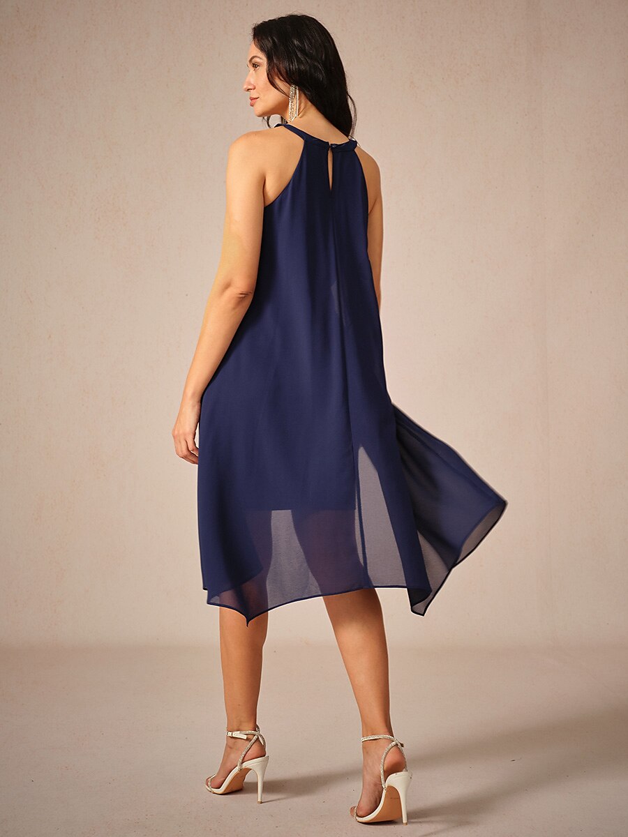 Chiffon Solid Sleeveless Halter Neck Navy Blue Dress