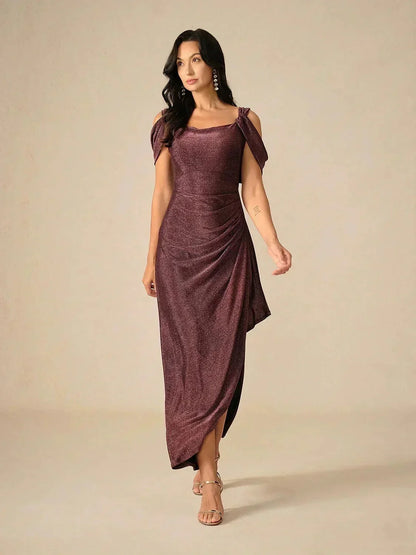 Ankle-Length Cold Shoulder Glitter Mesh Dress