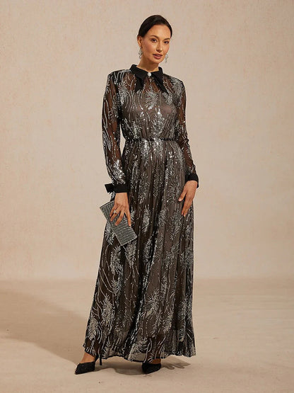 Sequin Mesh Overlay Dress with Crystal Button