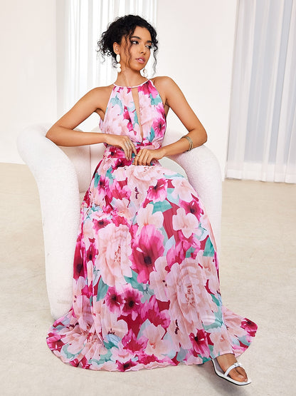 Floral Chiffon Pleated Maxi Dress