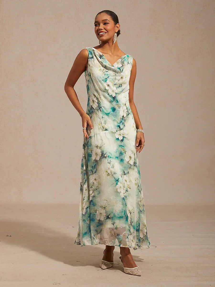 Floral Cowl Neck Tea-Length Dress with Flounce Hem