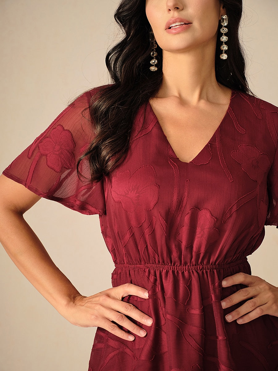 Lace V Neck Ruffle Layered  Flutter Dress