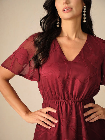 Lace V Neck Ruffle Layered  Flutter Dress