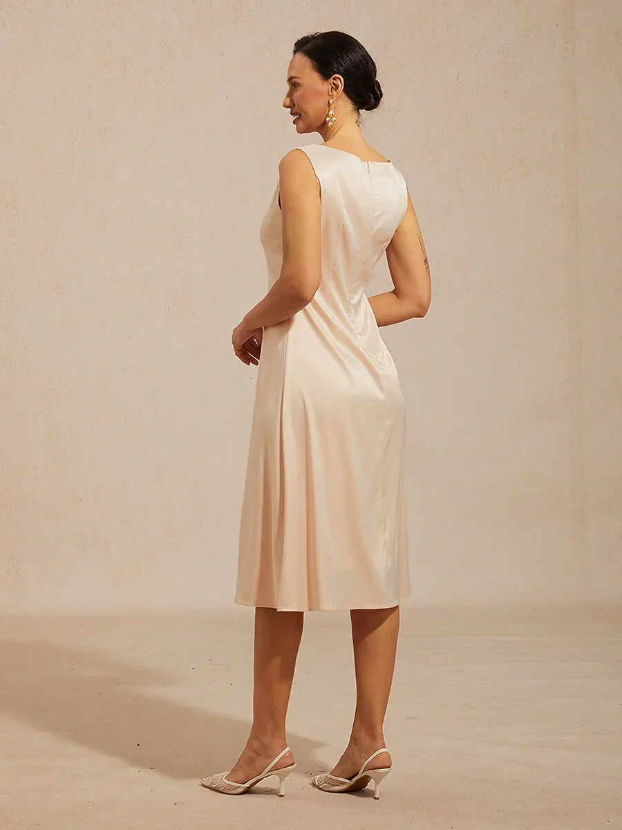 Sleeveless Diamond Neck Satin A-Line Dress