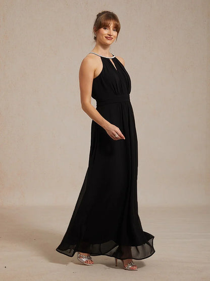 Chiffon Pearl Halter Neck Floor-Length Dress with Wrinkle Resistant chiffon