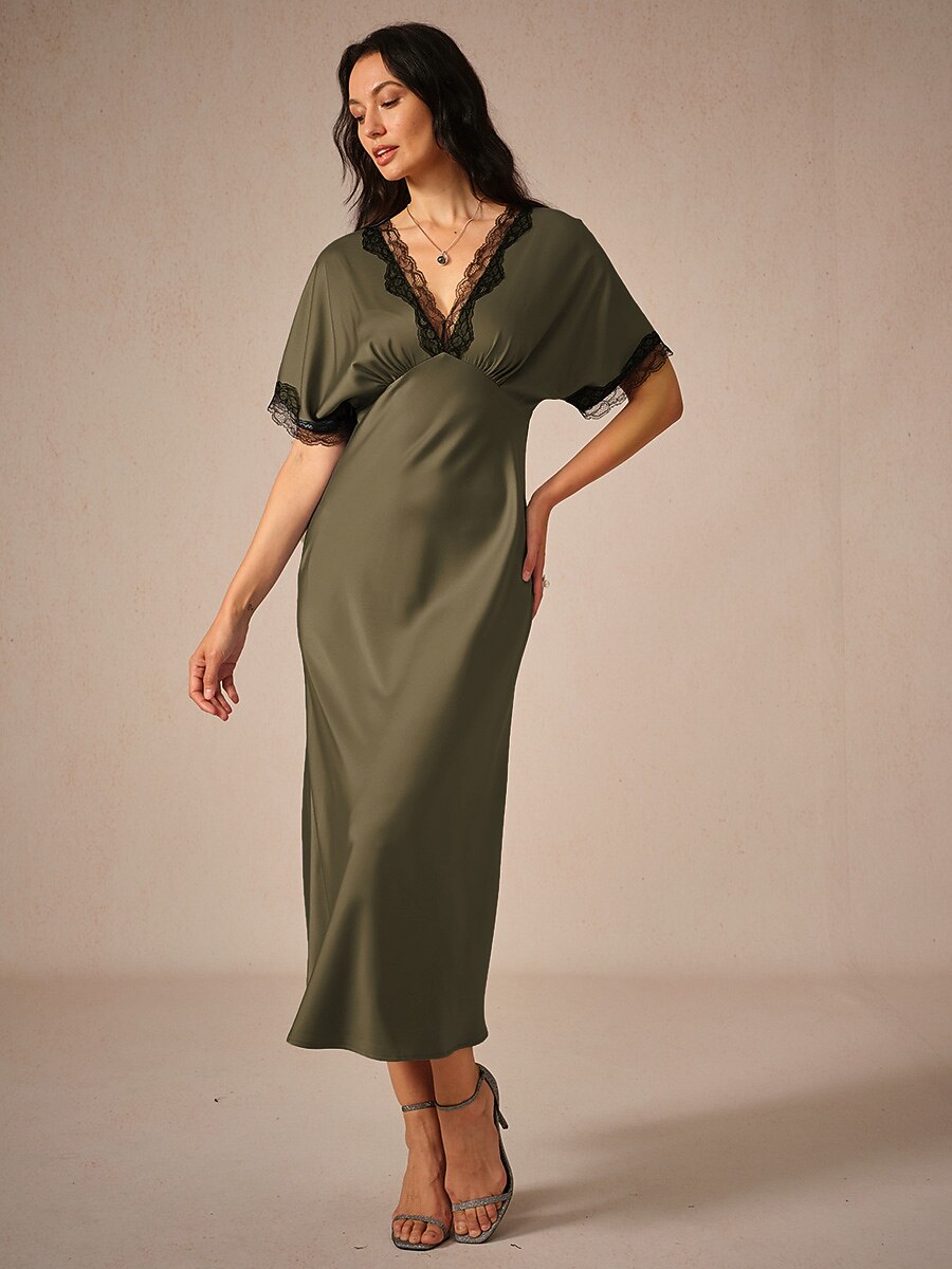 Satin Lace Trim V-Neck Olive Dress
