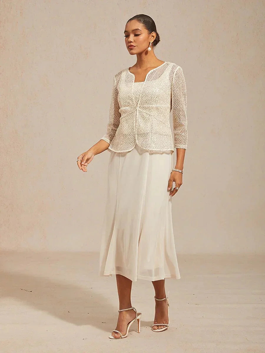 Mesh Sequin 3/4 Sleeve Jacket Dress