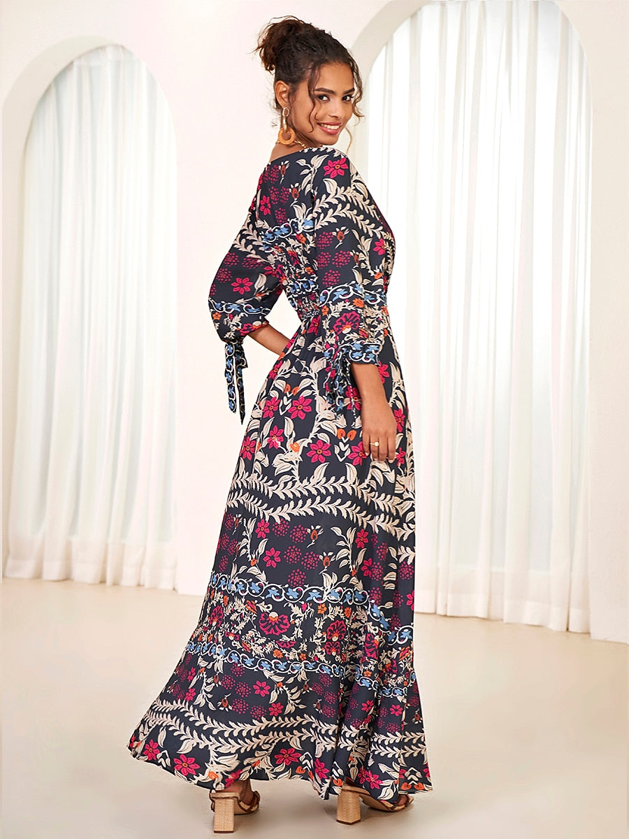 Vacation Ruffle Chiffon V-Neck Maxi Dress