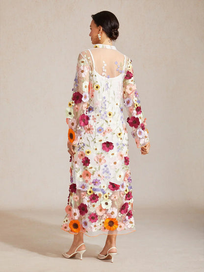 3D Floral Embroidered Sheer Maxi Dress