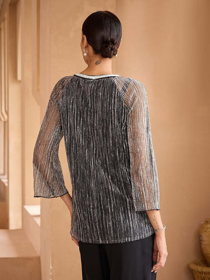 Layerd Pleated Glitter Chiffon Blouse