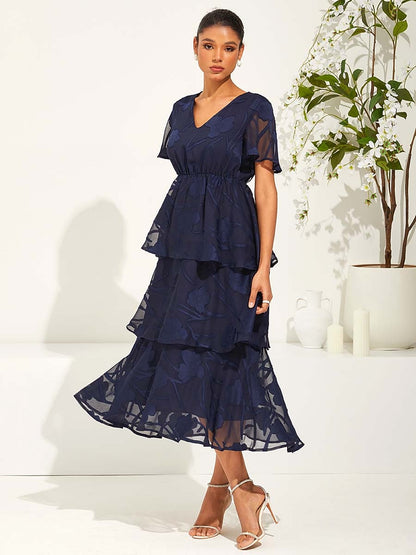Lace V Neck Ruffle Layered  Flutter Dress
