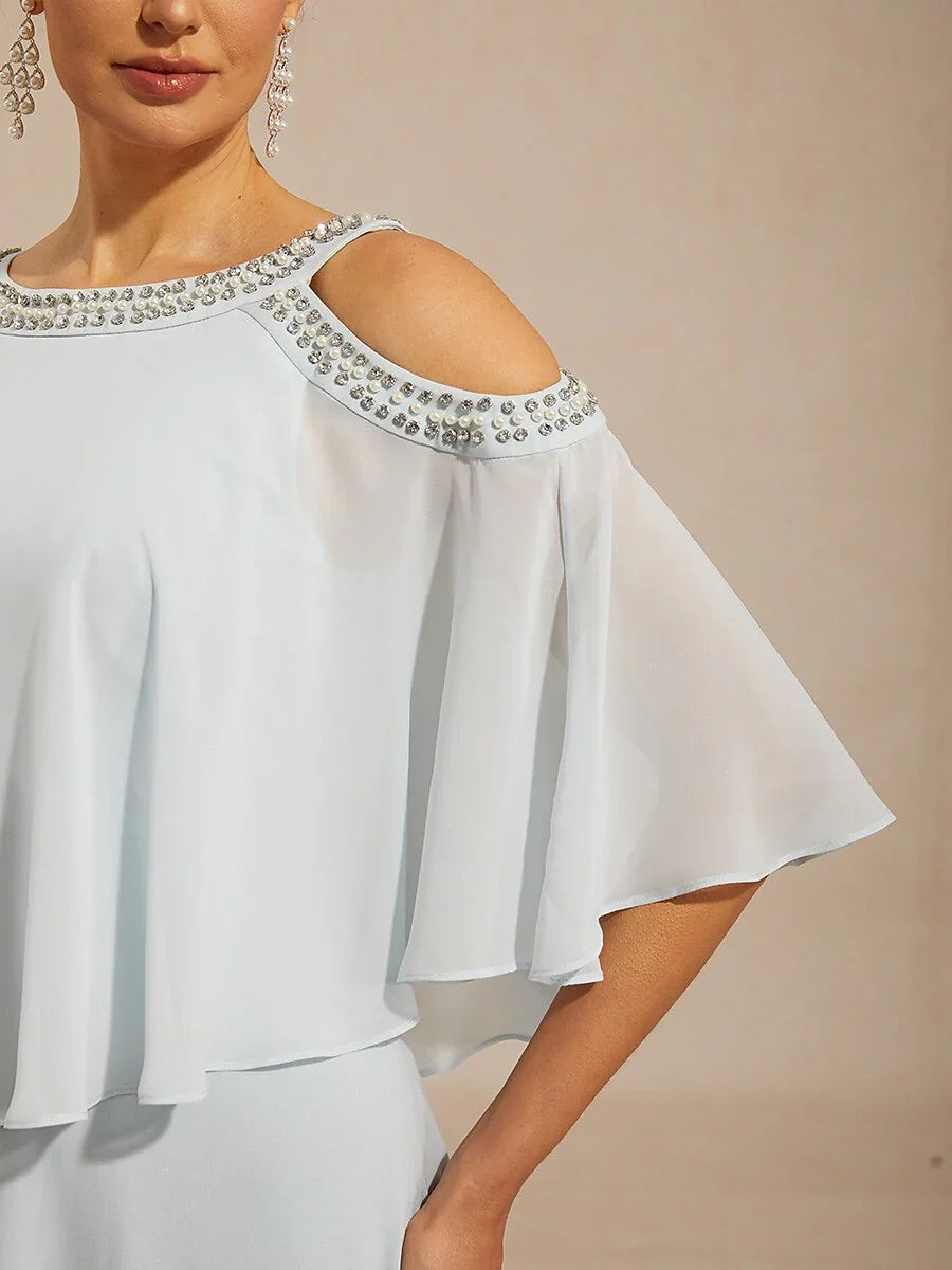 Cold Shoulder A-Line Chiffon Gown with Rhinestone