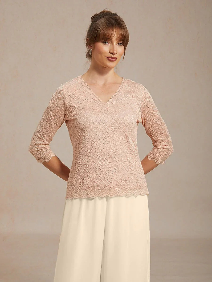 Feminine V-Neck Stretch Lace Top with Scalloped Hem