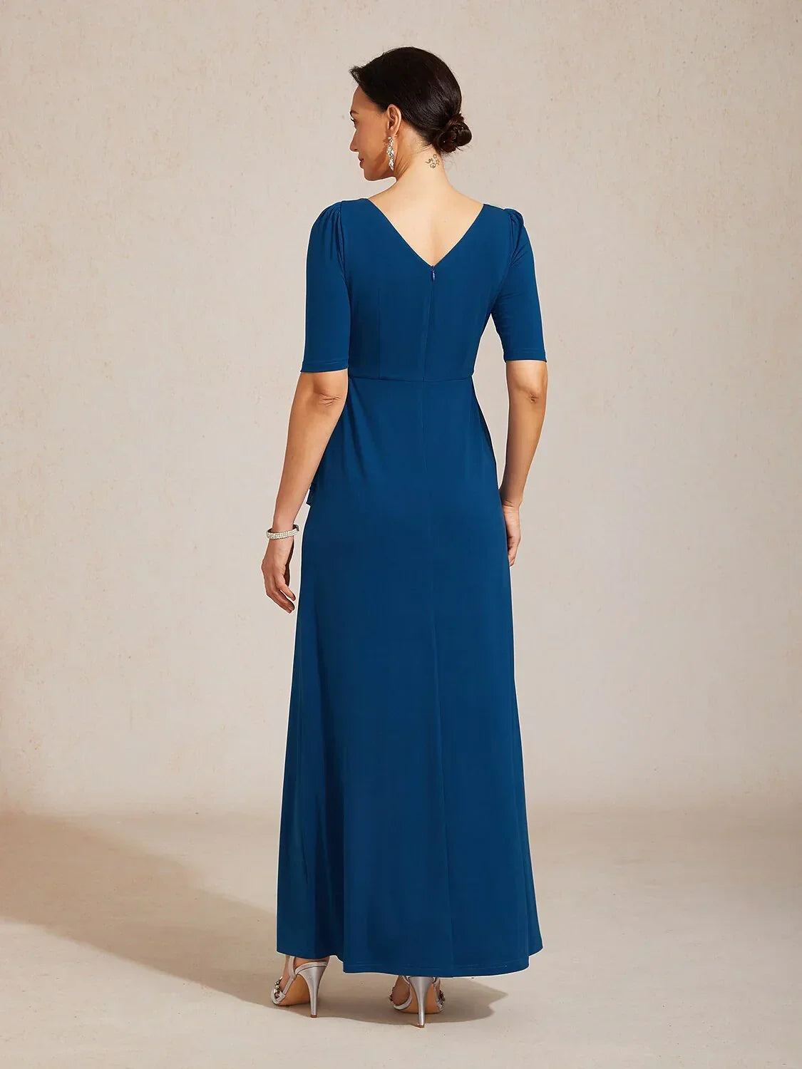 Boat Neck Ruffle A-Line Maxi Dress with Rhinestone Neck Detail
