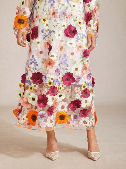 3D Floral Embroidered Sheer Maxi Dress