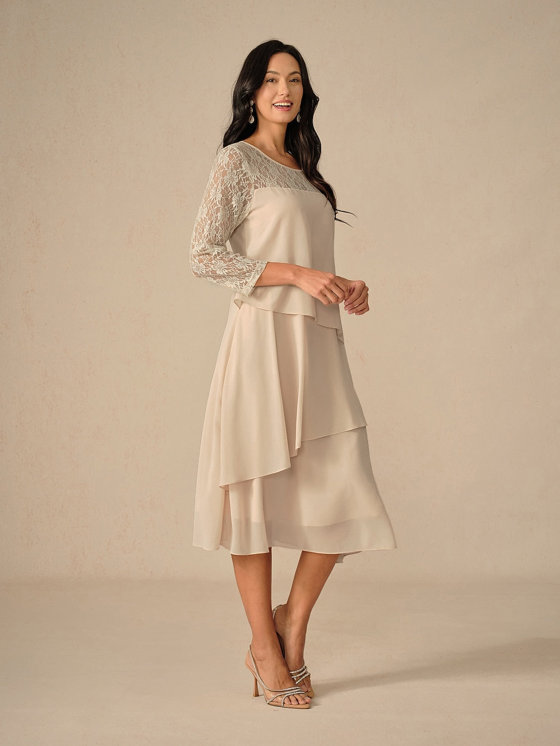 Lace Tiered Chiffon 3/4 Length Sleeve Dress