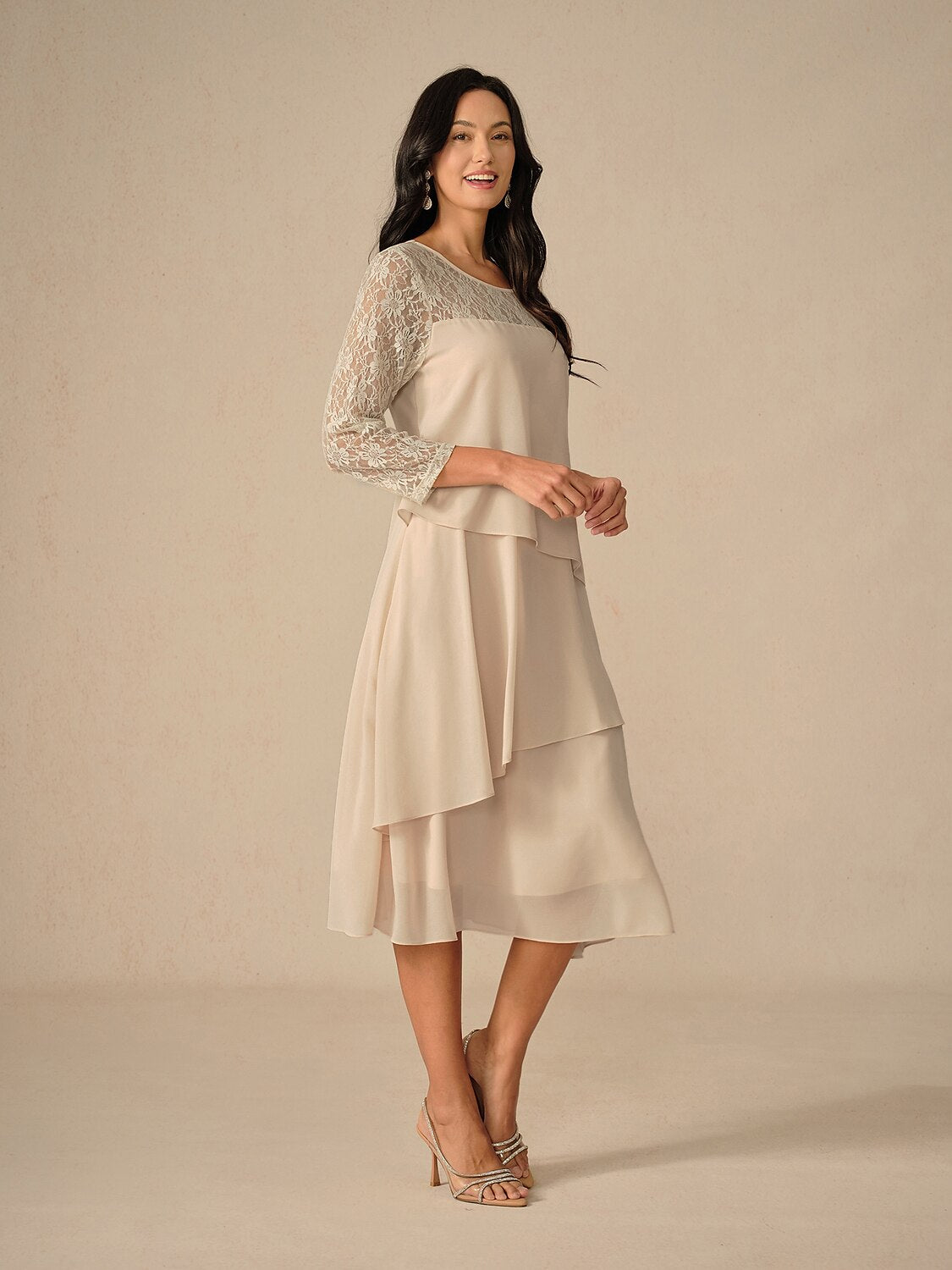 Lace Tiered Chiffon 3/4 Length Sleeve Dress