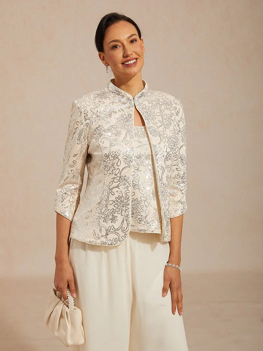 Elegant Mandarin Collar Sequin Twinset