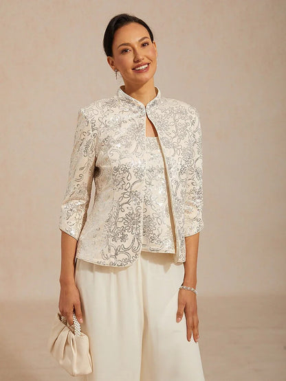 Elegant Mandarin Collar Sequin Twinset