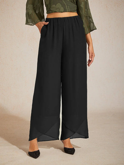 Straight Leg Mid Waist Layered Chiffon Pants
