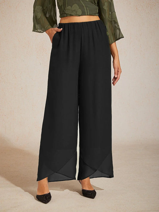 Straight Leg Mid Waist Layered Chiffon Pants