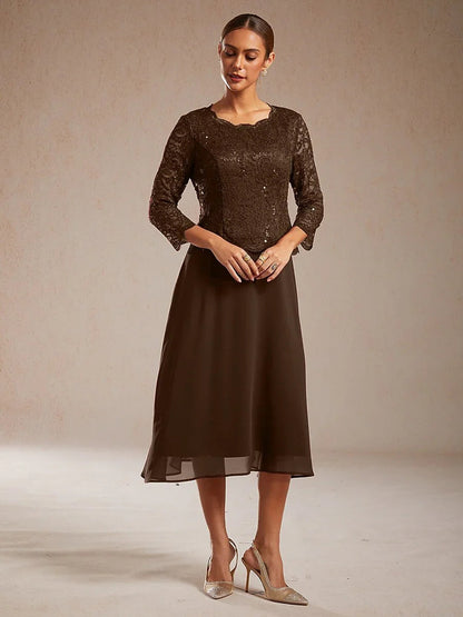 Robe élégante en dentelle et mousseline de soie, longueur thé