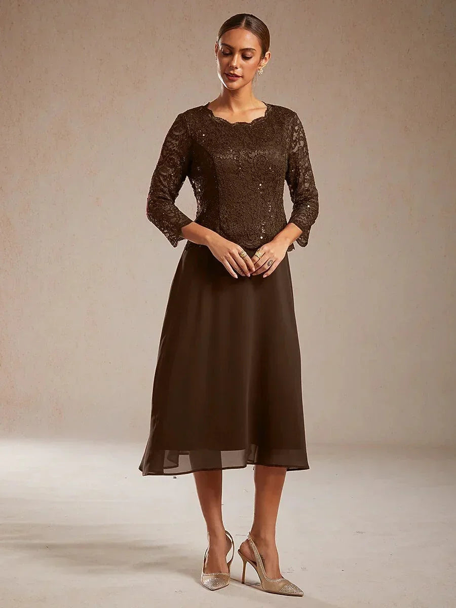Elegant Lace and Chiffon Tea-Length Dress