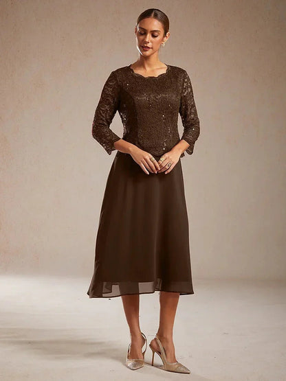 Elegant Lace and Chiffon Tea-Length Dress