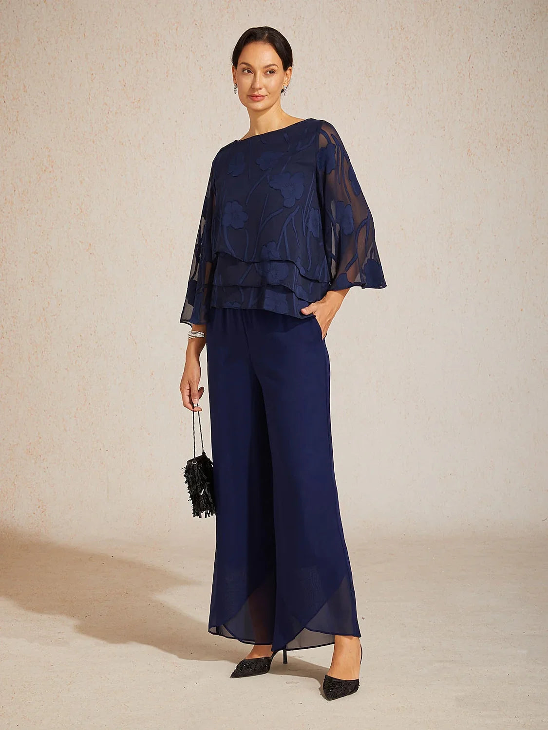 Straight Leg Mid Waist Layered Chiffon Pants