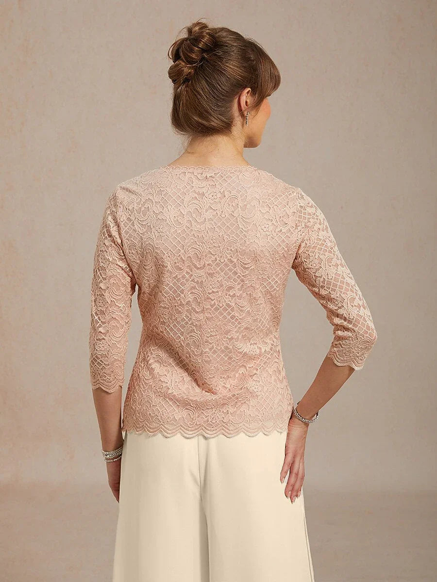 Feminine V-Neck Stretch Lace Top with Scalloped Hem