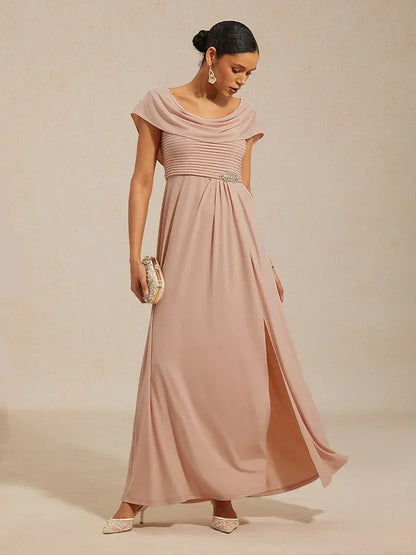 Draped Neck Jersey Evening Dress with Pleated Bodice