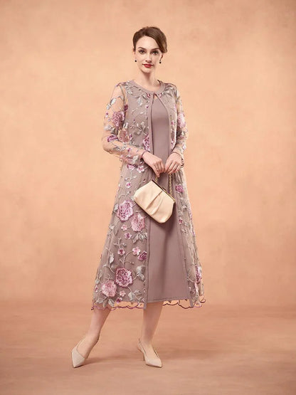 Chiffon Mesh Lace Embroidered Ruffle Floral Two Piece Dress