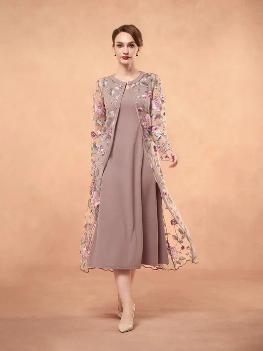 Chiffon Mesh Lace Embroidered Ruffle Floral Two Piece Dress