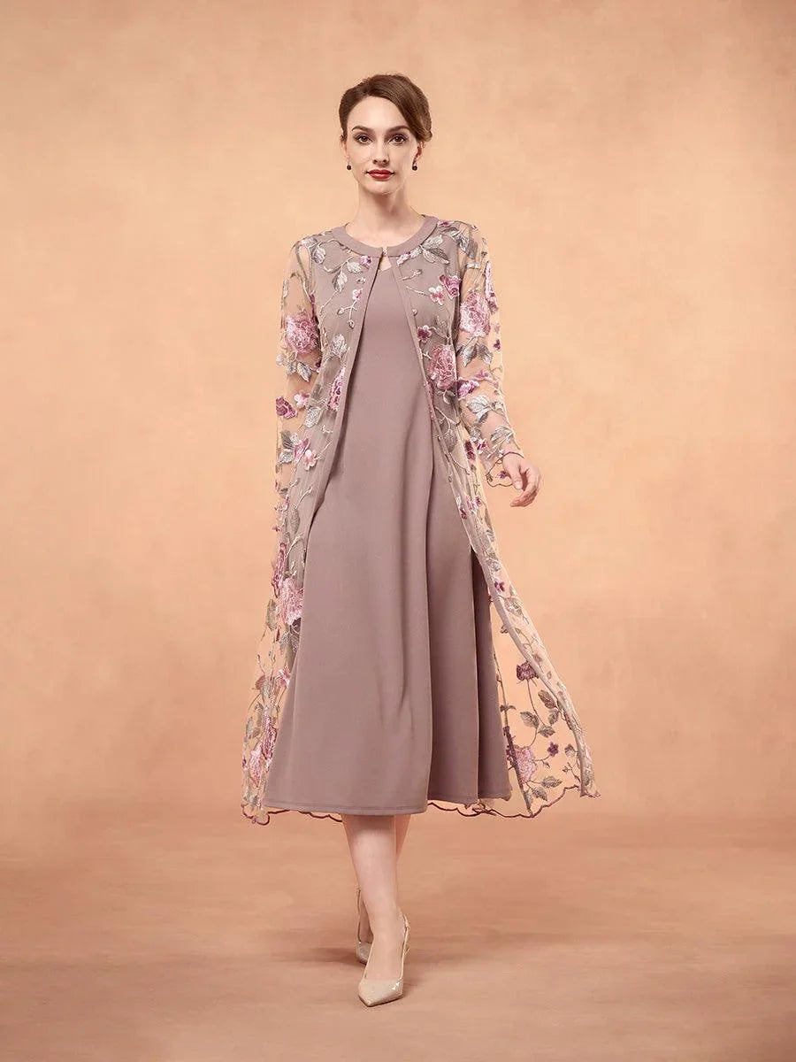 Chiffon Mesh Lace Embroidered Ruffle Floral Two Piece Dress