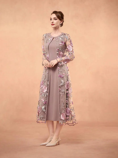 Chiffon Mesh Lace Embroidered Ruffle Floral Two Piece Dress