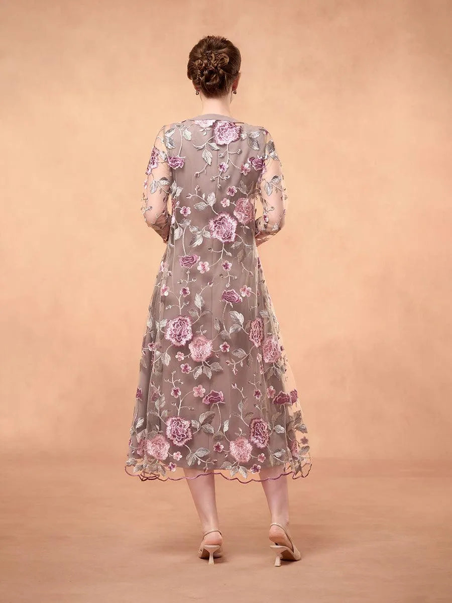 Chiffon Mesh Lace Embroidered Ruffle Floral Two Piece Dress