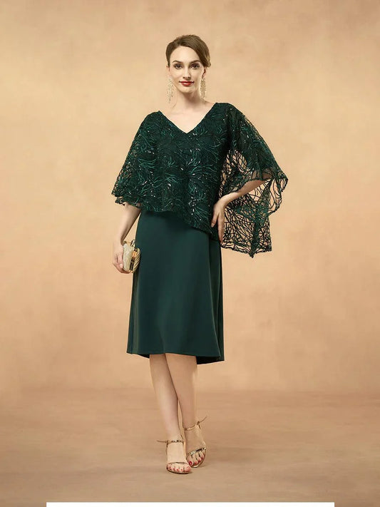Sequin Elegant V Neck Knee Length Lace Dress