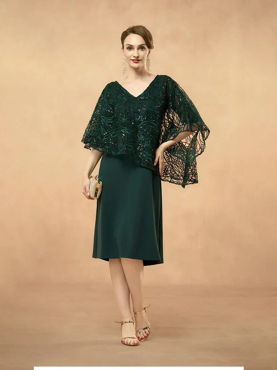 Sequin Elegant V Neck Knee Length Lace Dress