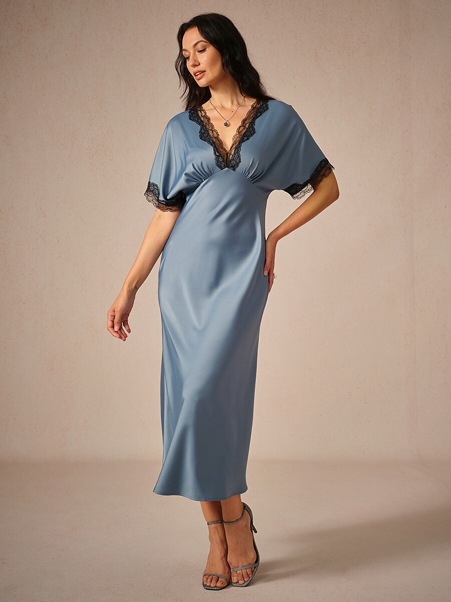 Satin Lace Trim V-Neck Olive Dress