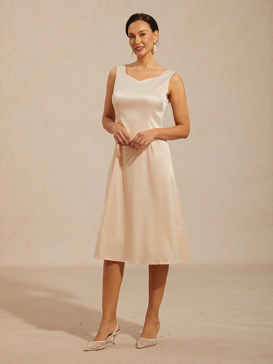 Sleeveless Diamond Neck Satin A-Line Dress