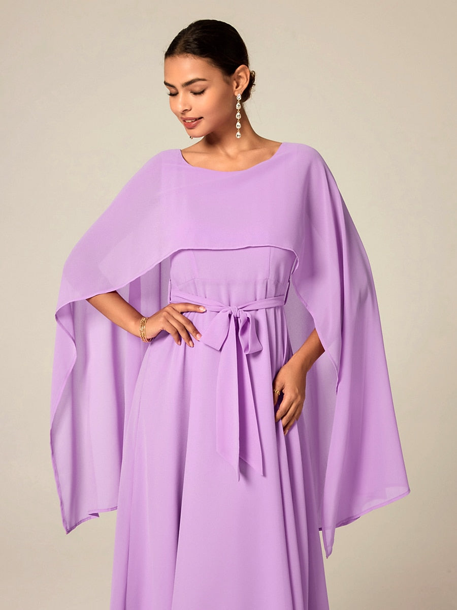 Belted Waist Purple Chiffon Maxi Dress