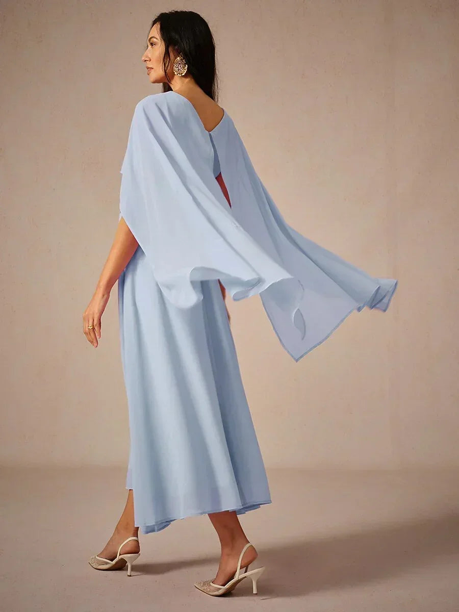 Two-Way Sheer Chiffo Cape Dress